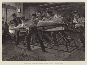 Torpedo-øvelse om bord på HMS Thunderer, der forbereder sig på at affyre en Whitehead-torpedo