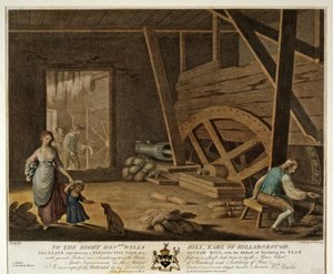 Indvendigt billede af en Scutch Mill, plade V af The Linen Manufactory of Ireland, 1791,