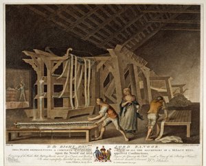Perspektivisk billede af alle maskinerne i en blegemølle, planche IX i The Linen Manufactory of Ireland, 1791