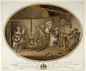 Spinning, oprulning med urspolen og kogning af garnet, plade VI fra The Linen Manufactory of Ireland, 1791