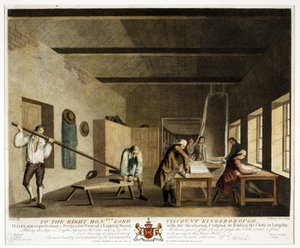 Til højre, ærede Lord Viscount Kingsborough... denne plade, der repræsenterer et perspektivbillede af et lappeværelse, med måling, sprød eller foldning af klædet i længder, Plade XI, The Linen Manu