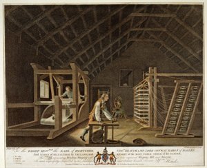 Optrækning, kæmpning med en ny forbedret kædemølle og vævning, plade VII i The Linen Manufactory of Ireland, 1791