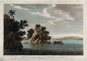 Udsigt til en isoleret klippe i Ganges-floden ved Jangerah af William Hodges