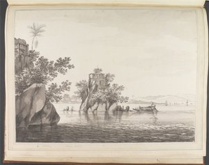 Udsigt over en isoleret klippe i floden Ganges ved Jangerah [Jahangira] af William Hodges