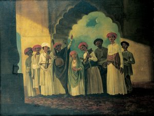 En gruppe indiske musikere, der spiller en sarangi, en tambura og tablas, med en pige, der danser på en terrasse