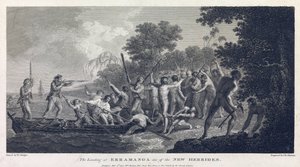 Landgangen på Erramanga (eller Eromanga), en af øerne i Vanuatu (tidligere New Hebrides, øgruppe i Stillehavet), viser besætningen på en kano, der kæmper med krigere fra øen af William Hodges