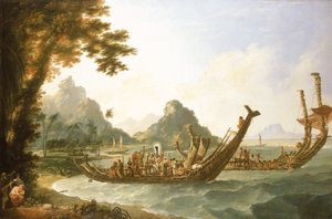 Krigsbådene på øen Otaheite (Tahiti) og Samfundsøerne med udsigt over en del af havnen i Ohaneneno på øen Ulieta, en af Samfundsøerne. af William Hodges