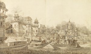 Udsigt over en del af byen Benares, ca. 1781 (grå vask med pensel og blæk over blyant på papir lagt på vaskholder) af William Hodges