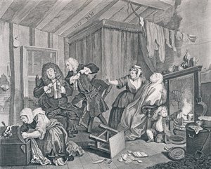 En luders færd, plade fem: Expires while the Doctors are Disputing, 1732 (ætsning og gravering) af William Hogarth