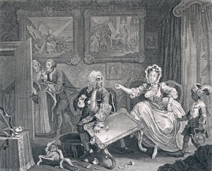En skøges fremskridt, plade to: skænderier med hendes jødebeskytter, 1732 (ætsning og gravering) af William Hogarth