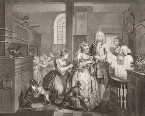 A Rake? S Progress, Plade 5: The Rake Marrying an Old Woman / The Path of a Dissolute, Blad 5: Tom Rakewell gifter sig med en rig gammel kvinde). 1735 af William Hogarth