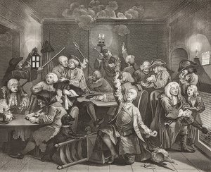 A Rake? S Fremskridt, Plade 6: The Rake at a Gaming House / Der Weg eines Liederlichen, Blatt 6: Tom Rakewell i en spillehule. 1735 af William Hogarth