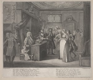 En kvinde, der sværger et barn til en gravborger, ca. 1730-35 (radering) af William Hogarth
