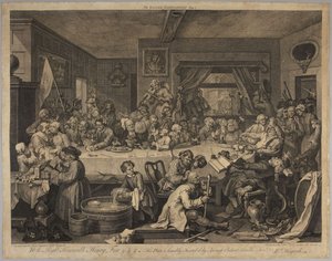 Et valgoptog, tavle 1 fra serien Fire tryk om et valg af William Hogarth