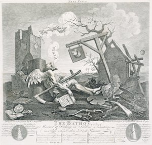 Bathos, Sinkning, i Sublime malerier til forhandlere af mørke billeder, 1764 (radering og gravering) af William Hogarth