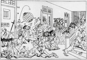 Bedlam mental institution, gravering fra serieraks fremskridt, af William Hogarth (1697-1764) af William Hogarth