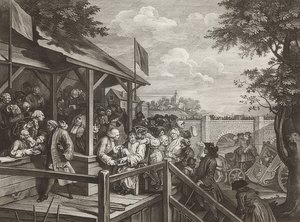 Fire aftryk af et valg / De almindelige valg. Blad 3: Afstemningen / Afstemningen. 1758 af William Hogarth
