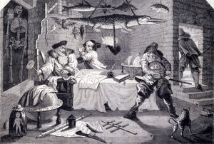 Hudribas angriber astrologen Sidrophel og hans kammertjener Wacum. Indgravering af William Hogarth (1697-1764) til digtet "Hubridas" af Samuel Butler (1600-tallet). Omkring 1725 af William Hogarth