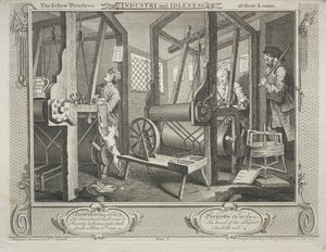 Industri og lediggang: The Fellow Prentices at their Looms af William Hogarth