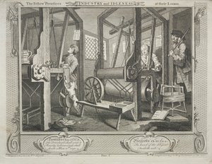 Industri og lediggang: The Fellow Prentices at their Looms, 1747. af William Hogarth