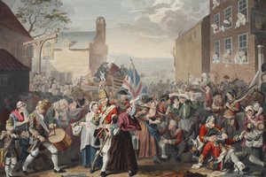March of the Guards to Finchley, illustration fra "Hogarth Restored: The Whole Works of the celebrated William Hogarth, re-engraved by Thomas Cook", pub. 1812 (håndkoloreret gravering) af William Hogarth