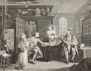 Ægteskab à la Mode / ægteskab efter mode. Blad 3: Inspektionen / Greven og Kvaksalveren. 1745 af William Hogarth
