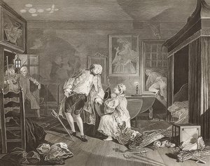 Ægteskab à la Mode / ægteskab efter mode. Ark 5: Bagnio / Greven falder i en duel. 1745 af William Hogarth