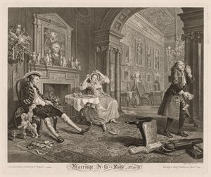 Moderigtigt ægteskab: Tavle II, 1745. af William Hogarth