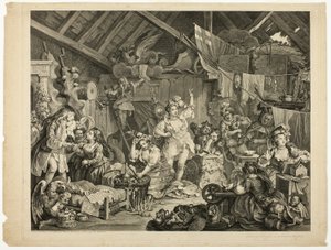 Spadserende skuespillerinder klæder sig i en lade af William Hogarth