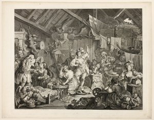 Spadserende skuespillerinder klæder sig i en lade af William Hogarth