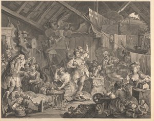 Spadserende skuespillerinder klæder sig i en lade af William Hogarth