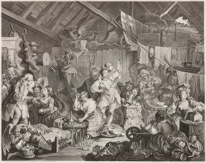 Spadserende skuespillerinder klæder sig i en lade. 1738 af William Hogarth