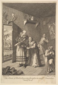 Kuraten og barberen forklæder sig selv for at formidle Don Quixote Home Six I..., 1756 eller senere. af William Hogarth
