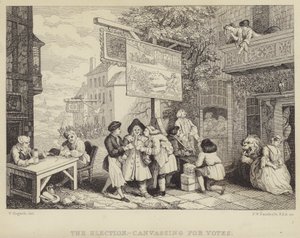 The Election - Canvassing for Votes: satire on the parliamentary election of 1755, one of a series of four titled Humors of an Electiondani af William Hogarth
