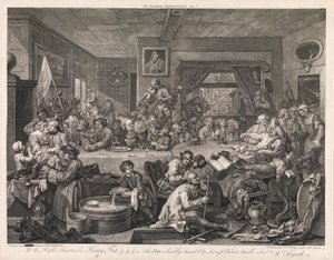 Valget, tavle 1: «Et valgfestmåltid» af William Hogarth