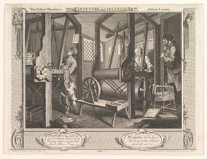 The Fellow Prentices at their Looms Industry and Idleness, plade 1, 30. september 1747. af William Hogarth