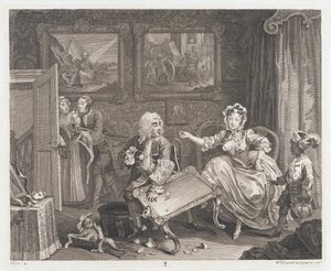 Skøgen finder en beskytter, designet 1732, trykt 1744 (ætsning og gravering) af William Hogarth