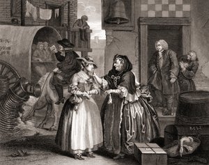 The Harlots Progress fanget af en indkøber, fra The Works of Hogarth udgivet London 1833 (bw-gravering) af William Hogarth