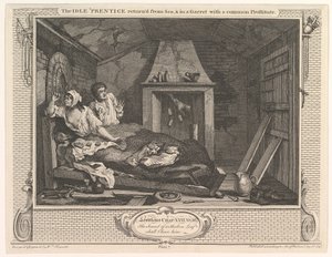 Den ledige Prentice vendte tilbage fra havet og i en garret med en almindelig prostitueret..., 30. december 1747. af William Hogarth