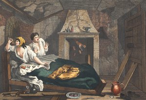 Den ubeskæftigede "Prentice Returned from Sea, and in a Garret with a common Prostitute", planche VII af "Industry and Idleness, illustration fra "Hogarth Restored: The Whole Works of the celebrated William Hogarth af William Hogarth