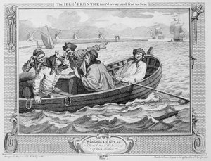 Den ubeskæftigede "Prentice, der blev sendt til søs", tavle V af "Industry and Idleness", 1747 af William Hogarth