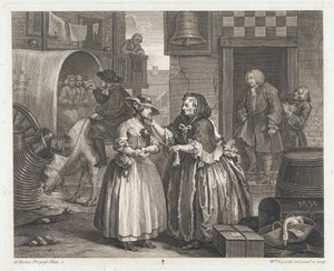 Den uskyldige pige bliver en skøge, designet 1732, trykt 1744 (ætsning og gravering) af William Hogarth