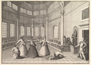 Indersiden af en moské rejser dervisherne dansende Aubry de La Mottrayes gennem..., 1723-24. af William Hogarth
