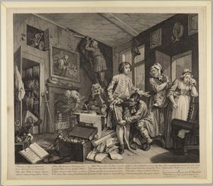 »Den unge arving tager ejendommen i besiddelse«, tavle 1 fra *A Rake’s Progress* af William Hogarth