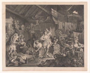 Udklædte skuespillerinder og børn i en lade Spadserende skuespillerinder klæder sig i en lade af William Hogarth