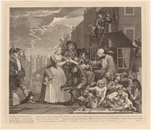 Anholdt for gæld, tavle 4 fra serien «En libertiners liv» af William Hogarth