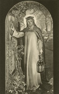 The Light of the World, maleri i Keble College, Oxford, Oxfordshire, der forestiller Kristus, der bærer en lanterne og banker på en dør (s/h foto) af William Holman (after) Hunt