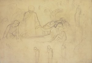 Undersøgelser for figurerne af lægen, sørgende og Minerva af William Holman Hunt