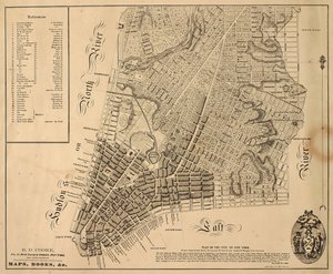 Plan over byen New York [så langt nordpå som East 31st Street], 1817 (sort blæk på papir, bagbeklædt med stof) af William Hooker
