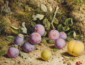 Stilleben med blommer, fersken og hyben, af William Hough